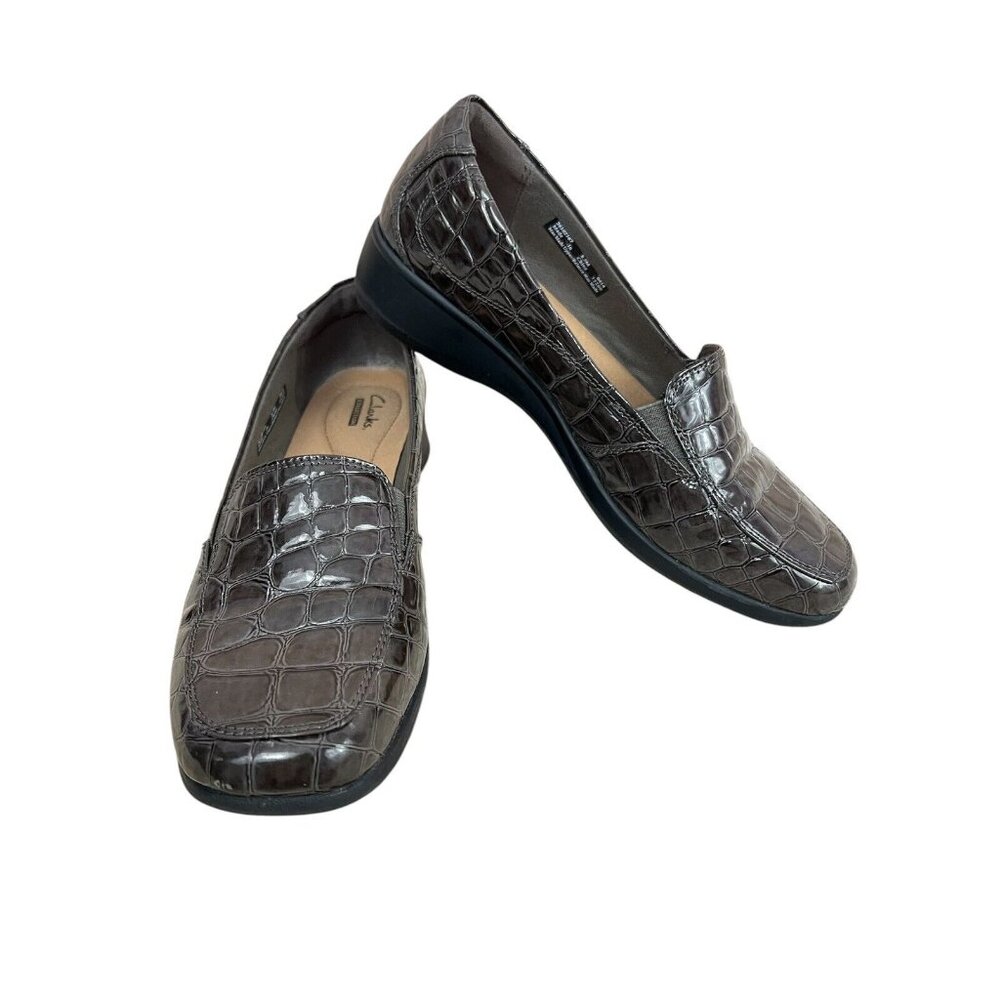 Clarks Soft Cushion Loafers Sz 8.5M Croc Brown Faux Leather Slip On Shoes